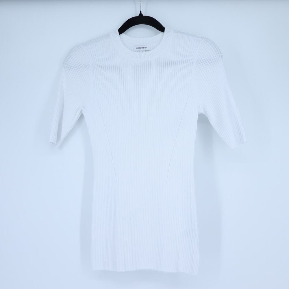 NORDSTROM Ribbed Crew Neck Tee White Elbow Length Sleeve Women's XS
